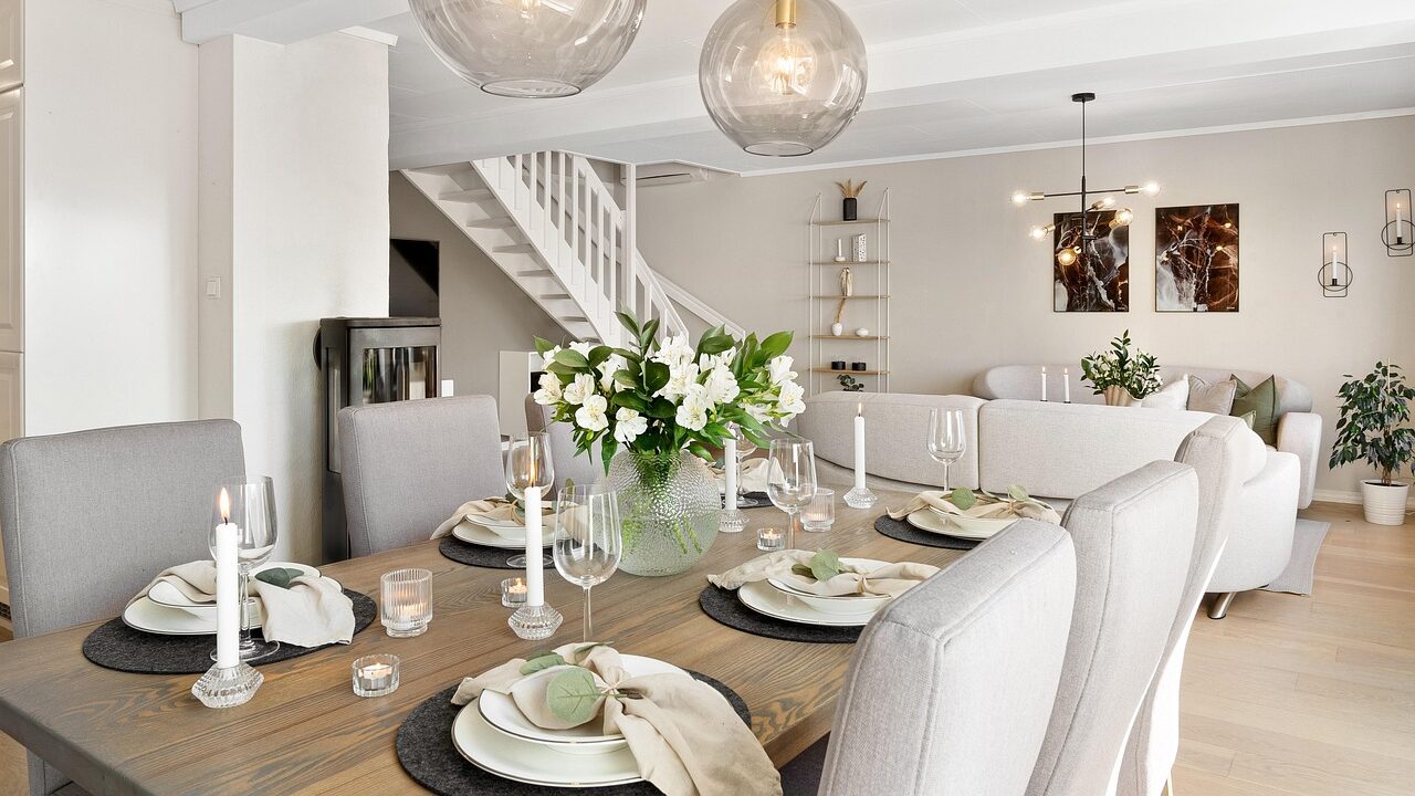 house, dining room, living room, table, chairs, real estate, interior, luxury, wooden, decor, pillows, cabinet, view, art, design, hallway, lamp, carpet, home